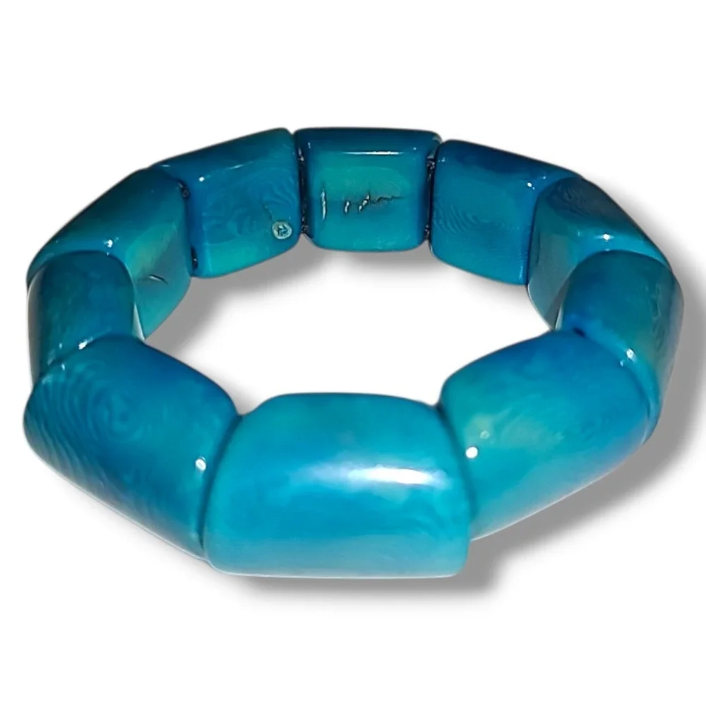 Vintage Tagua Blue Chunky Block Bead Stretch‎ Bracelet Statement Bold